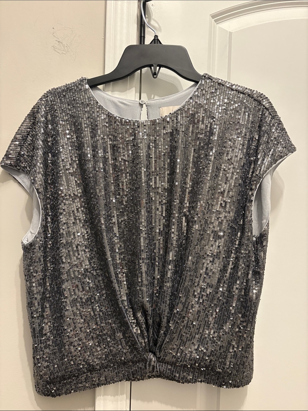LOFT Silver Sequined Twist-Front Cap Sleeve Blouse